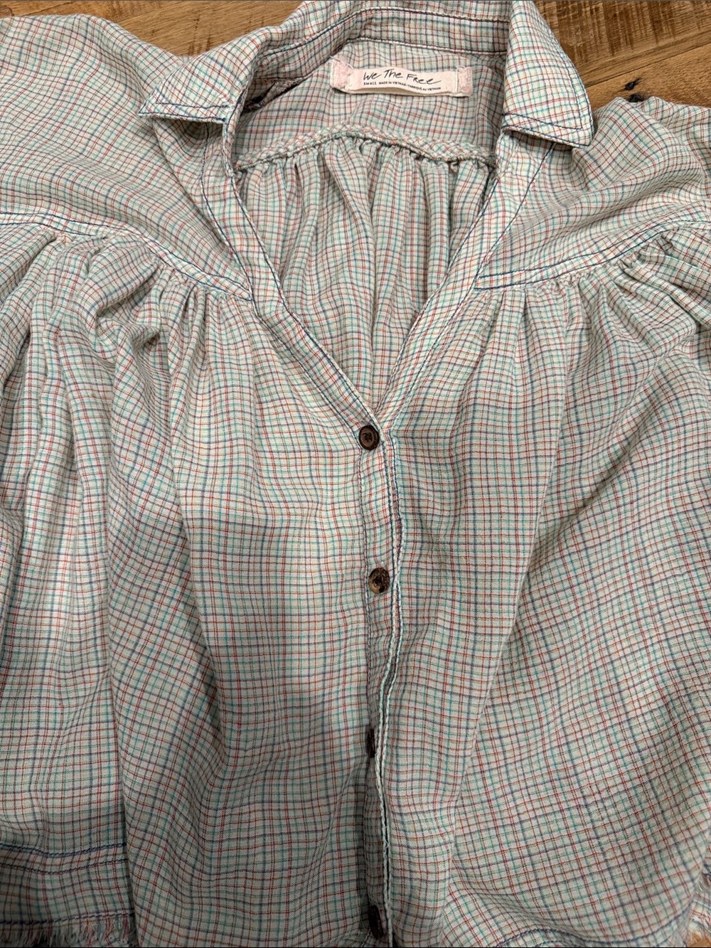 We The Free White Plaid Button-Down Shirt with multi-colored checks